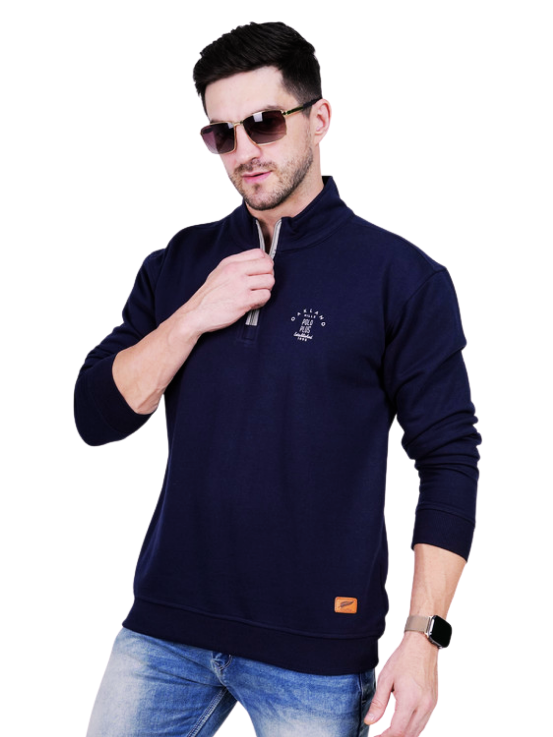 Men's Blue Half-Zip Sweatshirt -Premium Cotton Quarter-Zip Fleece Sweatshirt