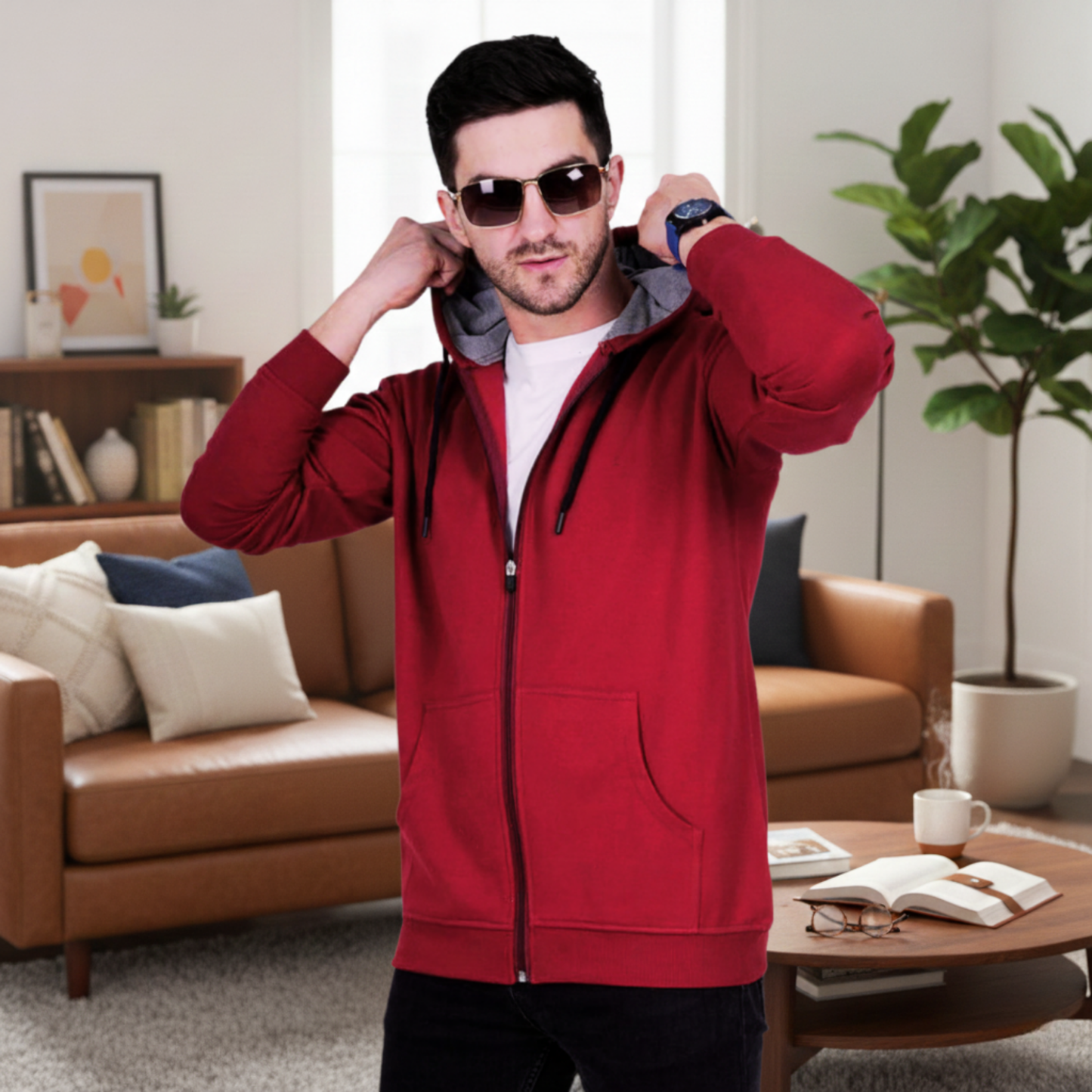 Men's Premium Maroon Zip-Up Hoodie With Cap – Soft Fleece Hooded Sweatshirt with Contrast Lining