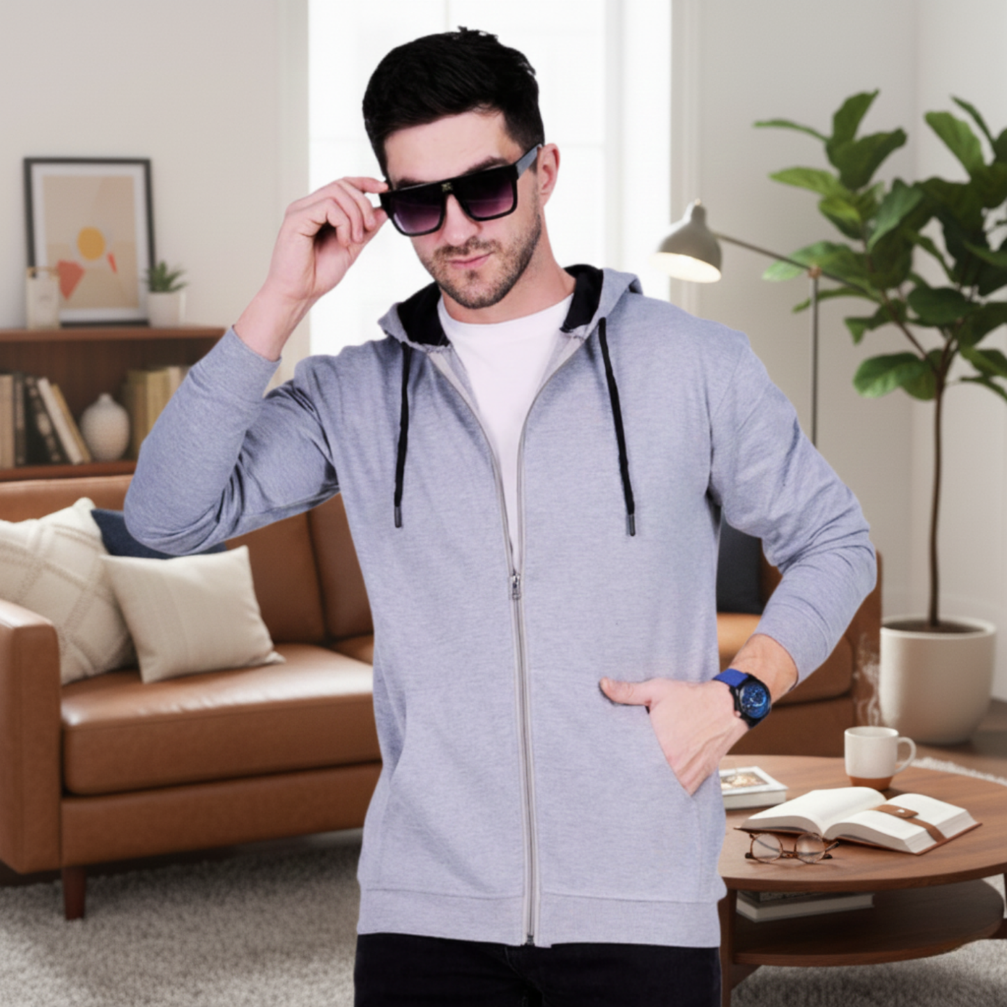 Men's Premium Grey Zip-Up Hoodie With Cap – Soft Fleece Hooded Sweatshirt with Contrast Lining