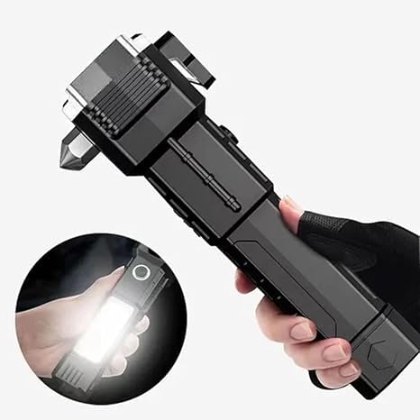LED 3W Rechargeable Torch | Long-Range Flashlight with Car Rescue Tools – Hammer, Seatbelt Cutter & USB Power Bank