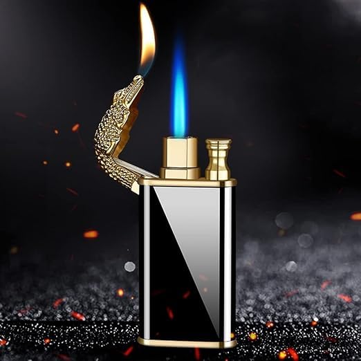 Jet Torch Lighter, Stylish Crocodile-Design Lighter, Dual-Mode Soft/Jet Flame Lighter, Metal Pipe Lighter with Adjustable Flame Control, Refillable Butane Lighter (Black)