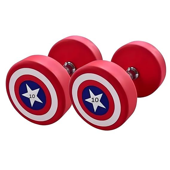 Red Captain America Dumbbells Set (10 kg X 2 = 20 Kg) Set of 2 Fixed Round Dumbells for Gym Home workout Exercise & Fitness Heavy Duty Solid Caste Iron Handle