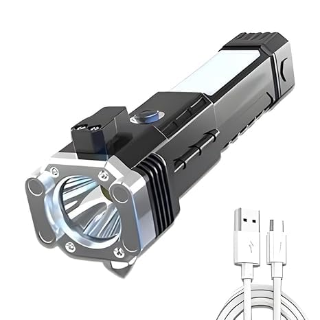 LED 3W Rechargeable Torch | Long-Range Flashlight with Car Rescue Tools – Hammer, Seatbelt Cutter & USB Power Bank