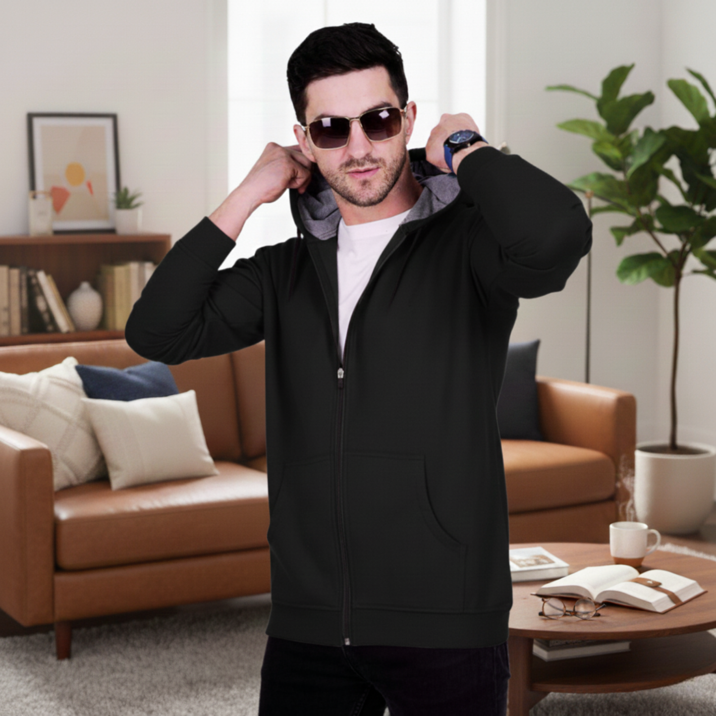 Men's Premium Black Zip-Up Hoodie With Cap – Soft Fleece Hooded Sweatshirt with Contrast Lining