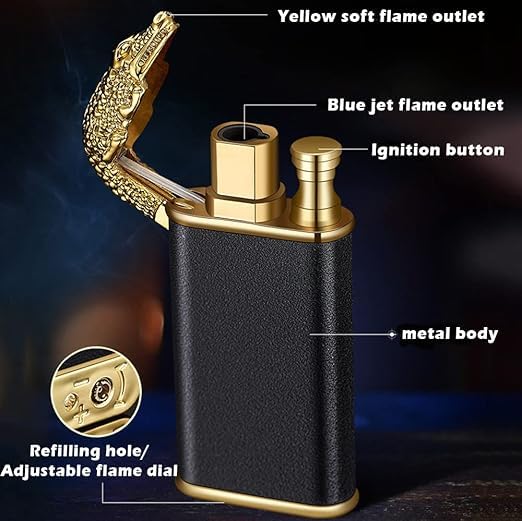 
                      
                        Jet Torch Lighter, Stylish Crocodile-Design Lighter, Dual-Mode Soft/Jet Flame Lighter, Metal Pipe Lighter with Adjustable Flame Control, Refillable Butane Lighter (Black)
                      
                    