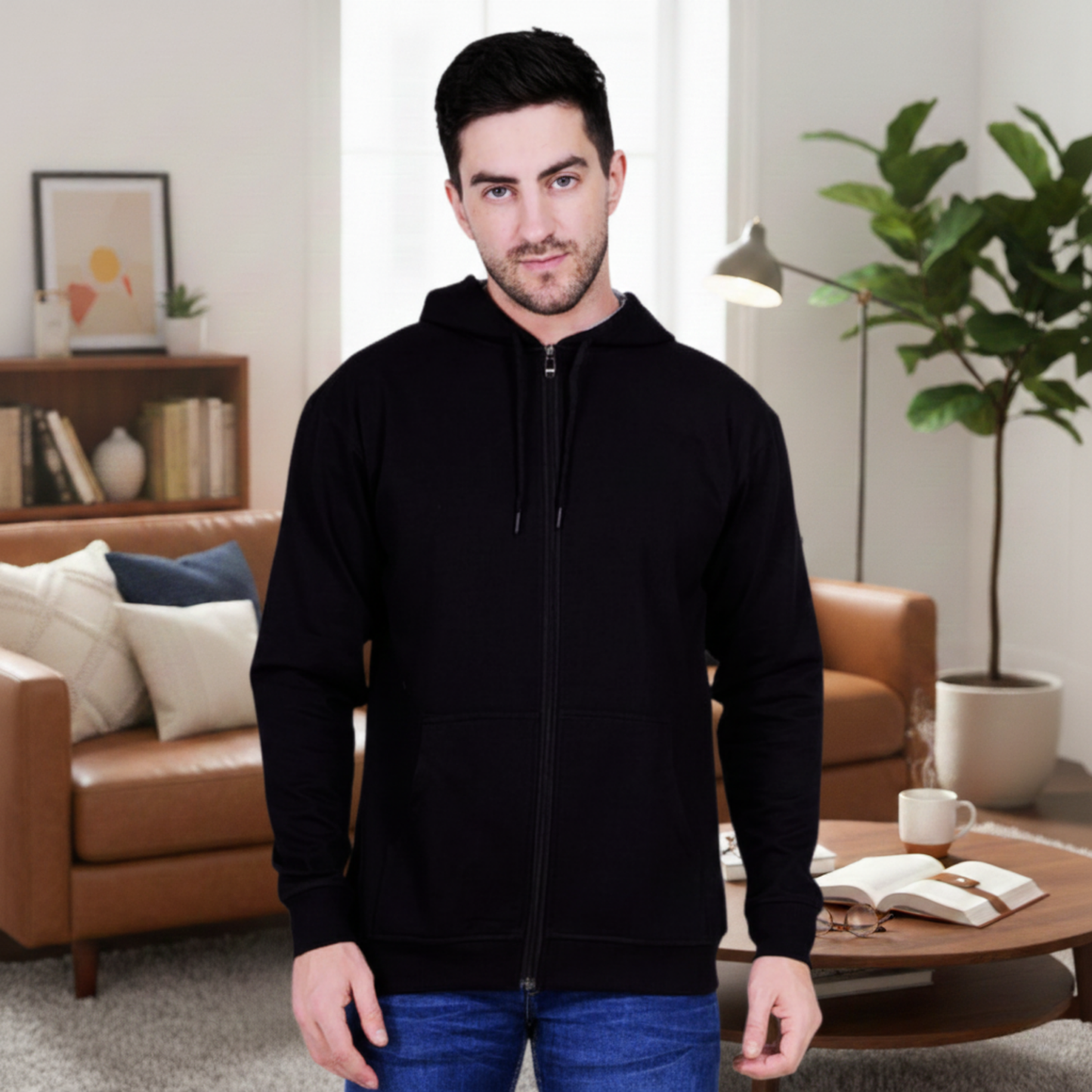 Men's Premium Black Zip-Up Hoodie With Cap – Soft Fleece Hooded Sweatshirt with Contrast Lining