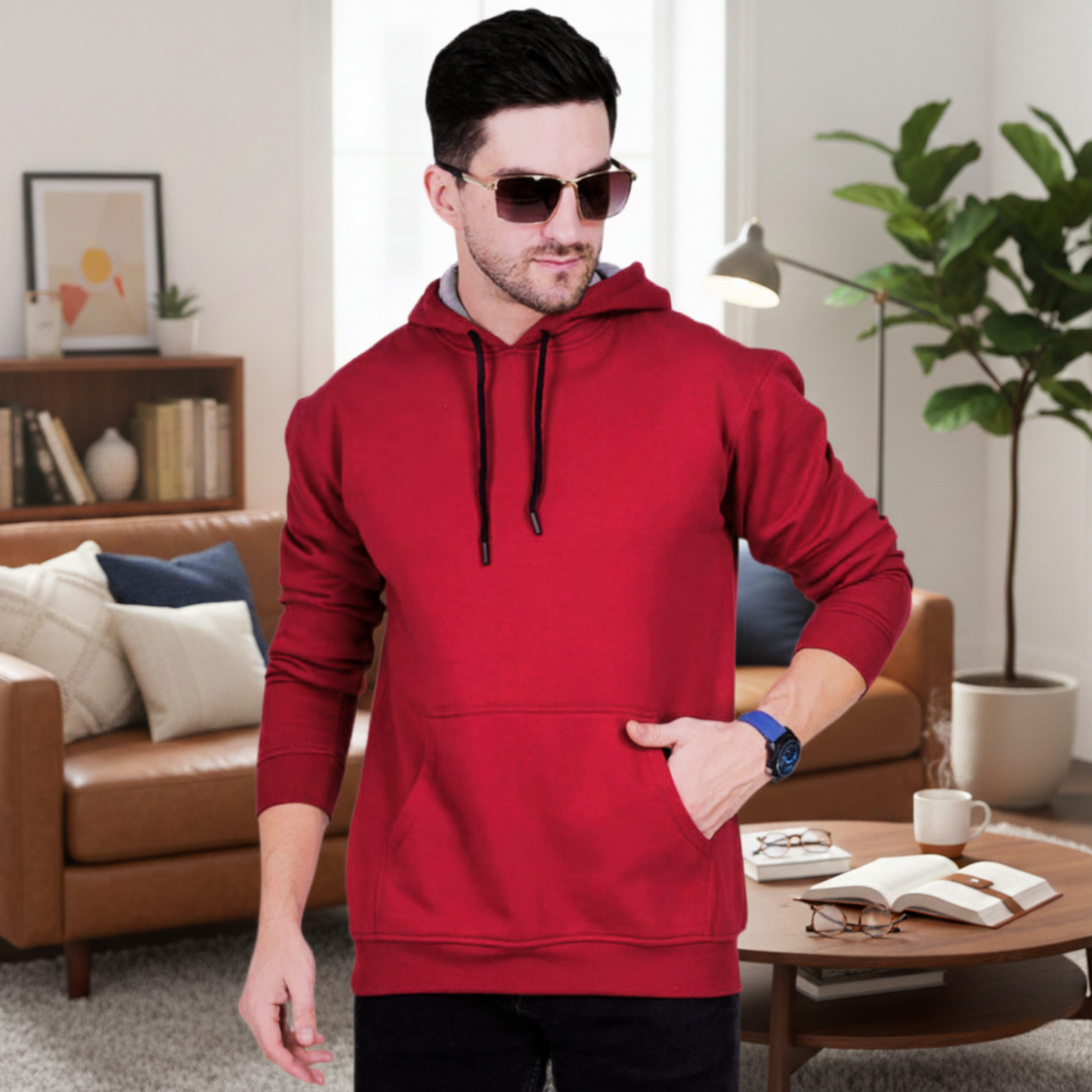 Men's Premium Maroon Cap Hoodies – Soft Fleece Hooded Sweatshirt with Contrast Lining