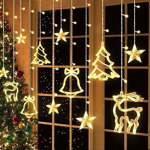SAMEILI Christmas Window Lights - LED Snowflake and Bell Hanging Decorations for Festive Atmosphere (6 Star, 2 Deer, 2 Bell Light) (Warm White)
