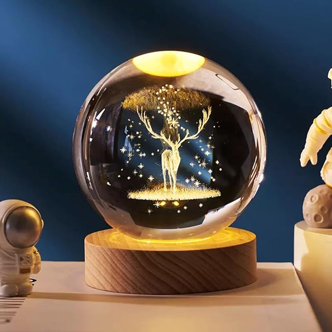 3D Crystal Wooden Base Raindeer Globe Night Lights