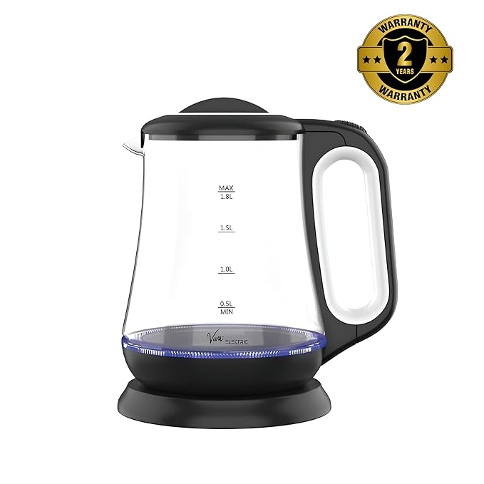 Viva Electric Crystal Kettle | 1.8L Capacity | LED Illumination & Borosilicate Glass Body | 2-Year Warranty | Fast Boil Technology for Hot Water, Tea, Coffee, and More