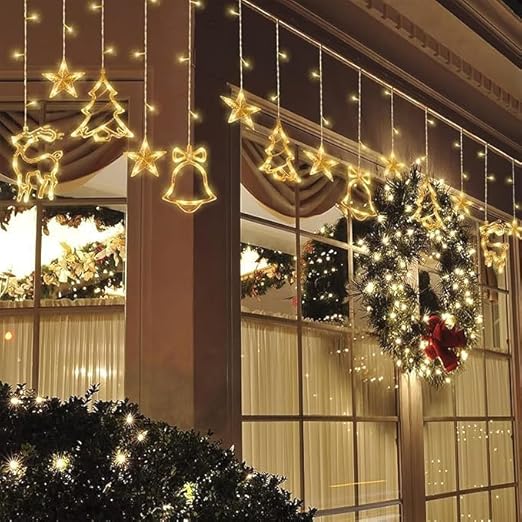 SAMEILI Christmas Window Lights - LED Snowflake and Bell Hanging Decorations for Festive Atmosphere (6 Star, 2 Deer, 2 Bell Light) (Warm White)