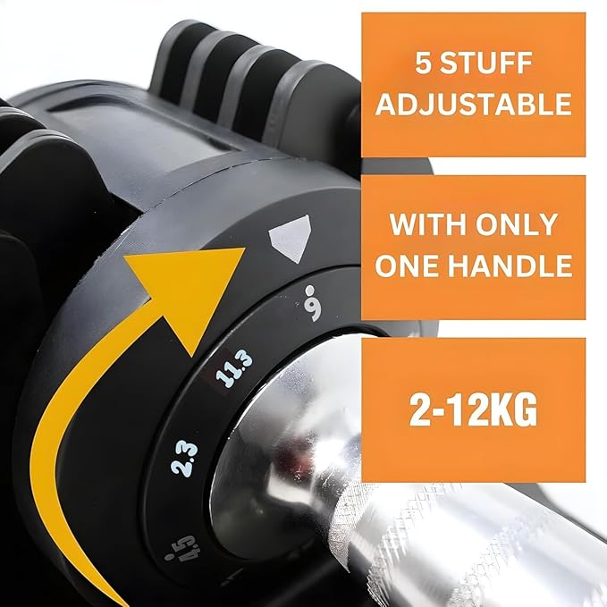
                      
                        Quick Select Adjustable Dumbbell (2.3kg, 4.5kg, 7kg, 9kg, 11.3kg), Single, Black – Enhanced 5-Points Safety Locking System for Secure Home Gym Workouts (Set of 2 X 12kg)
                      
                    