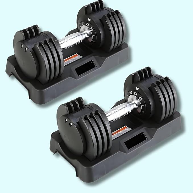Quick Select Adjustable Dumbbell (2.3kg, 4.5kg, 7kg, 9kg, 11.3kg), Single, Black – Enhanced 5-Points Safety Locking System for Secure Home Gym Workouts (Set of 2 X 12kg)