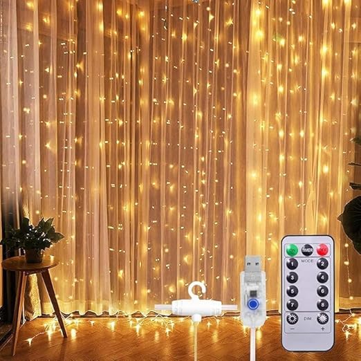 VESPA 300-LED Curtain String Lights, 8 Lighting Modes, 3-Meter Fairy Lights for Indoor and Outdoor Use, Ideal for Diwali, Christmas, Weddings (USB Powered with Remote, WW-Color, Pack of 1)