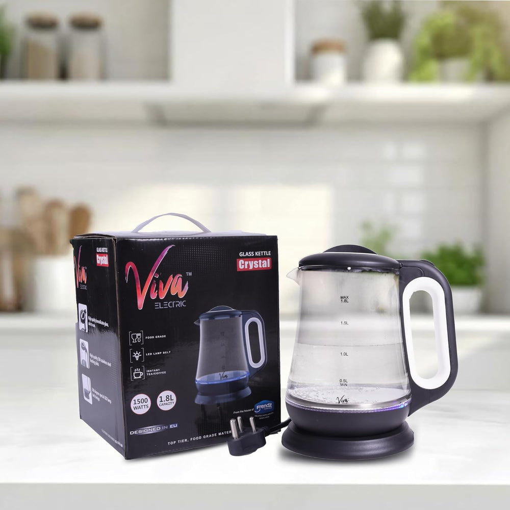 
                      
                        Viva Electric Crystal Kettle | 1.8L Capacity | LED Illumination & Borosilicate Glass Body | 2-Year Warranty | Fast Boil Technology for Hot Water, Tea, Coffee, and More
                      
                    