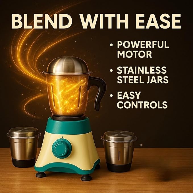 
                      
                        Kavyara Mixer Grinder 500W with 3 Stainless Steel Jars | Multi-Purpose Wet & Dry Grinding | 2-Year Warranty | 3-Speed Settings for Home Use (GREEN)
                      
                    