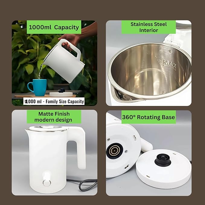 
                      
                        Electric Kettle for Coffee & Tea - Stainless Steel & Glass, 800W with Blue LED Light, Auto Shut-Off, Easy Clean Availabe White Color (1 Litres)
                      
                    