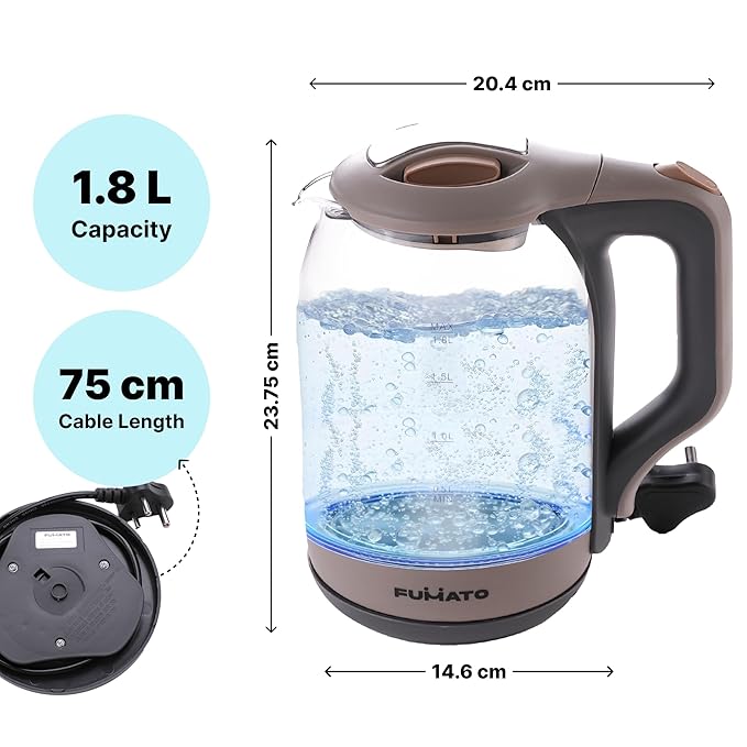 
                      
                        FUMATO Glass Electric Kettle 1.8L | Borosilicate Glass 1500W | Auto Cut-Off 360 Degree Rotating Base | Stainless Steel Bottom Electric Kettle For Hot Water Milk Boiler | Blue LED Light
                      
                    