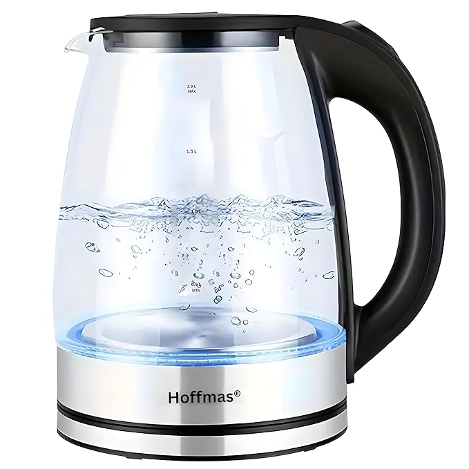 Electric Kettle for Coffee & Tea - Stainless Steel & Glass, 800W with Blue LED Light, Auto Shut-Off, Easy Clean (2 LITRES)