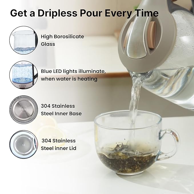 FUMATO Glass Electric Kettle 1.8L | Borosilicate Glass 1500W | Auto Cut-Off 360 Degree Rotating Base | Stainless Steel Bottom Electric Kettle For Hot Water Milk Boiler | Blue LED Light