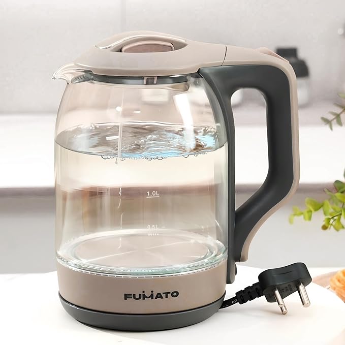 FUMATO Glass Electric Kettle 1.8L | Borosilicate Glass 1500W | Auto Cut-Off 360 Degree Rotating Base | Stainless Steel Bottom Electric Kettle For Hot Water Milk Boiler | Blue LED Light