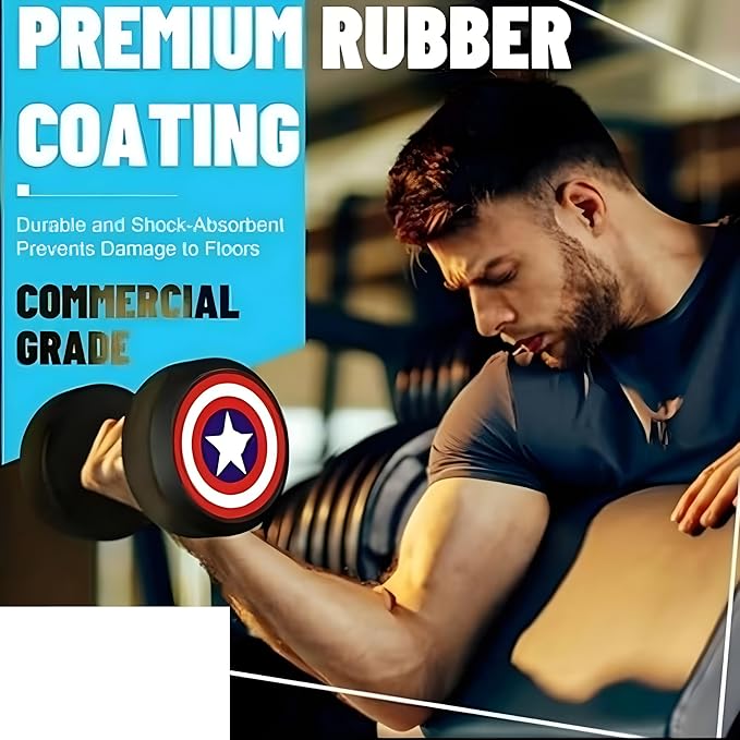 Captain America Rubber Dumbbells Set (10 kg X 2 = 20 Kg) Set of 2 Fixed Round Dumbells for Gym Home workout Exercise & Fitness Heavy Duty Solid Caste Iron Handle