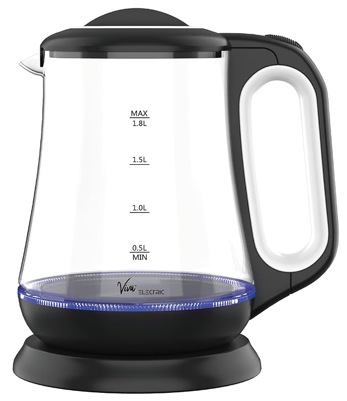 Viva Electric Crystal Kettle | 1.8L Capacity | LED Illumination & Borosilicate Glass Body | 2-Year Warranty | Fast Boil Technology for Hot Water, Tea, Coffee, and More