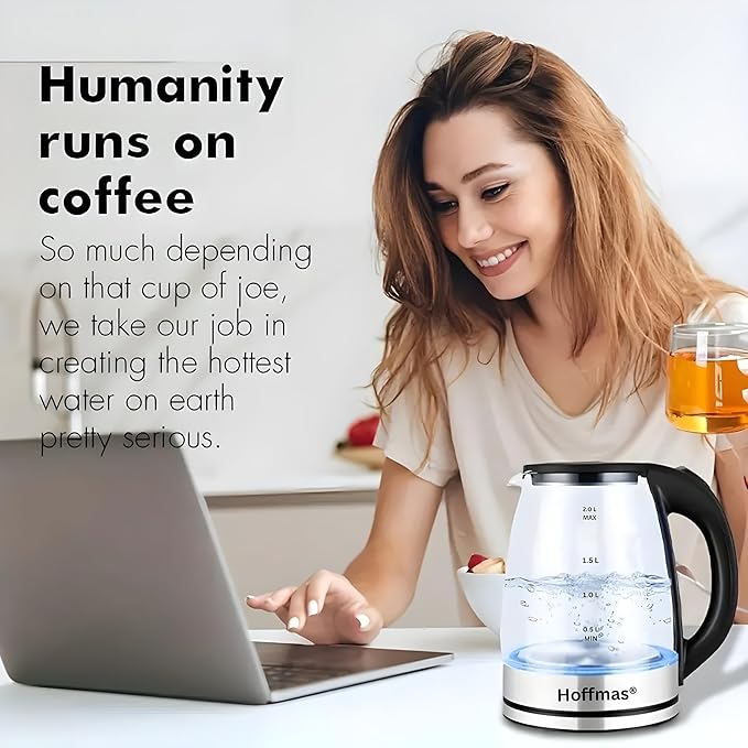 
                      
                        Electric Kettle for Coffee & Tea - Stainless Steel & Glass, 800W with Blue LED Light, Auto Shut-Off, Easy Clean (2 LITRES)
                      
                    
