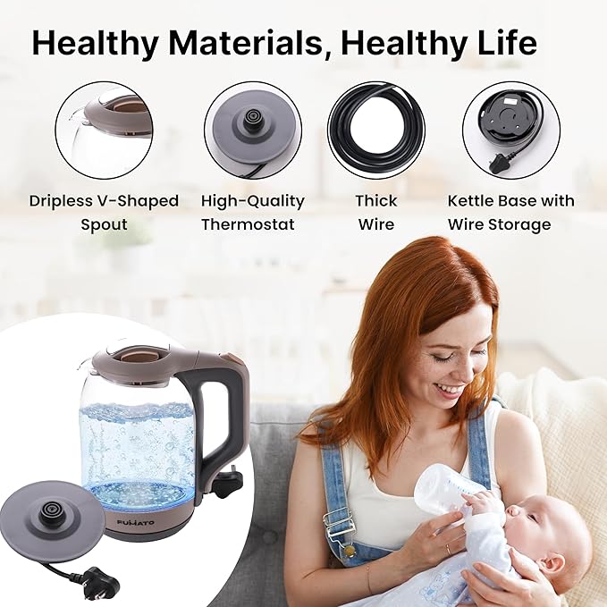 
                      
                        FUMATO Glass Electric Kettle 1.8L | Borosilicate Glass 1500W | Auto Cut-Off 360 Degree Rotating Base | Stainless Steel Bottom Electric Kettle For Hot Water Milk Boiler | Blue LED Light
                      
                    
