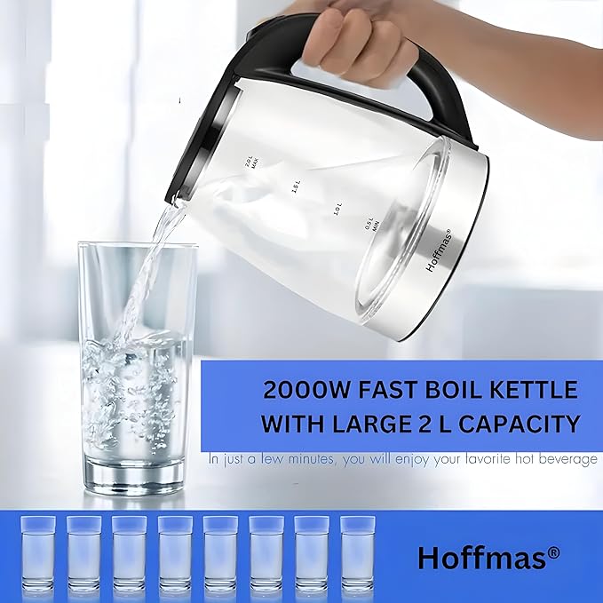Electric Kettle for Coffee & Tea - Stainless Steel & Glass, 800W with Blue LED Light, Auto Shut-Off, Easy Clean (2 LITRES)
