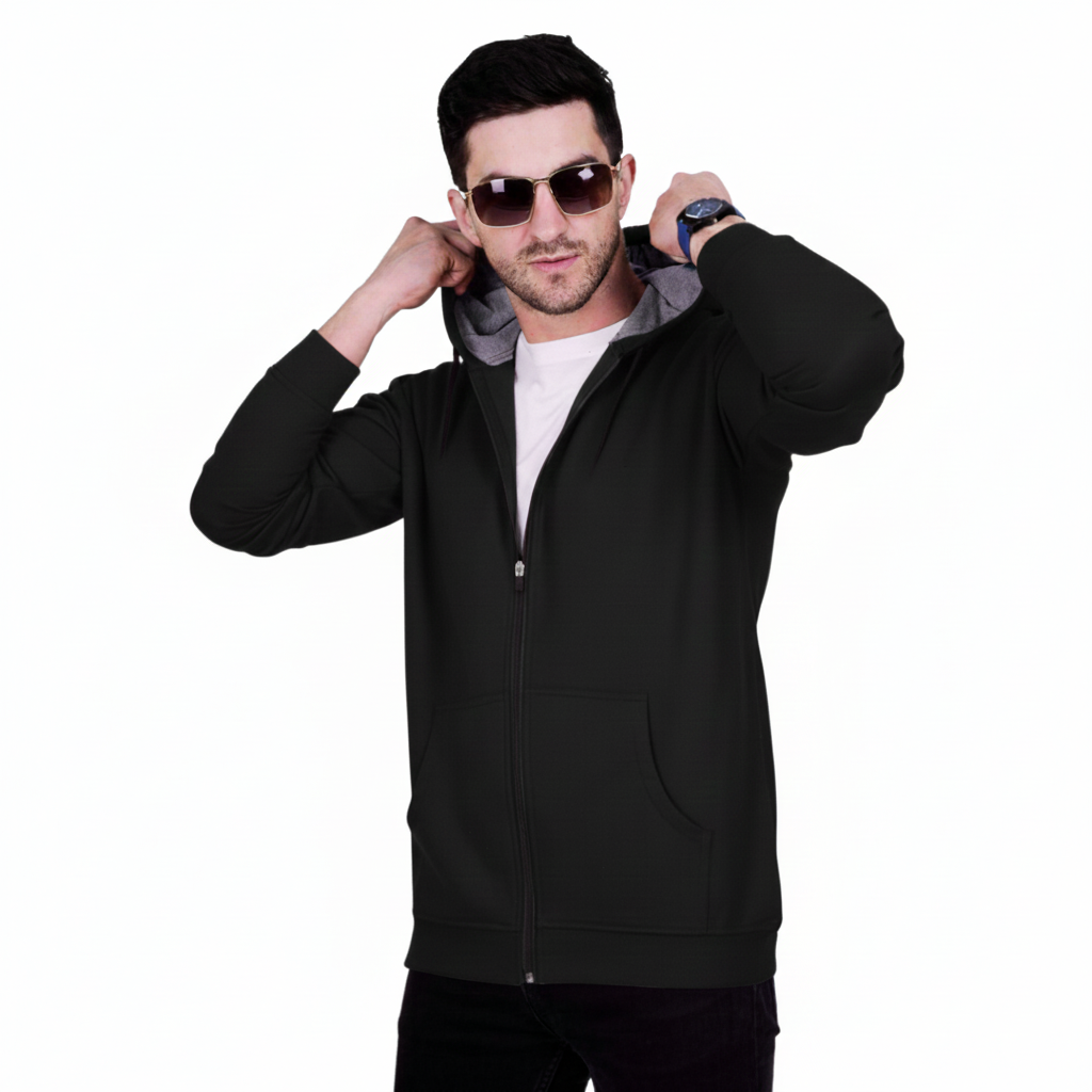 Men's Premium Blue Zip-Up Hoodie With Cap – Soft Fleece Hooded Sweatshirt with Contrast Lining