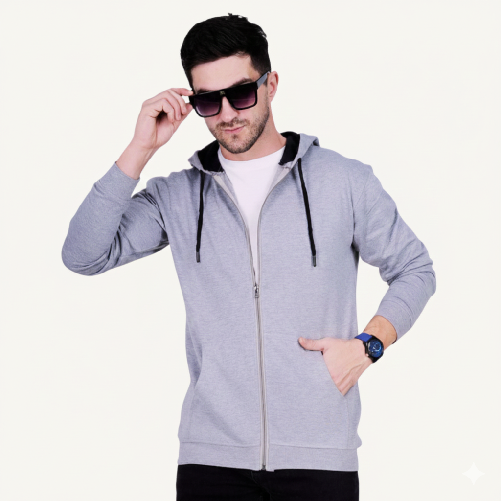 Men's Premium Grey Zip-Up Hoodie With Cap – Soft Fleece Hooded Sweatshirt with Contrast Lining