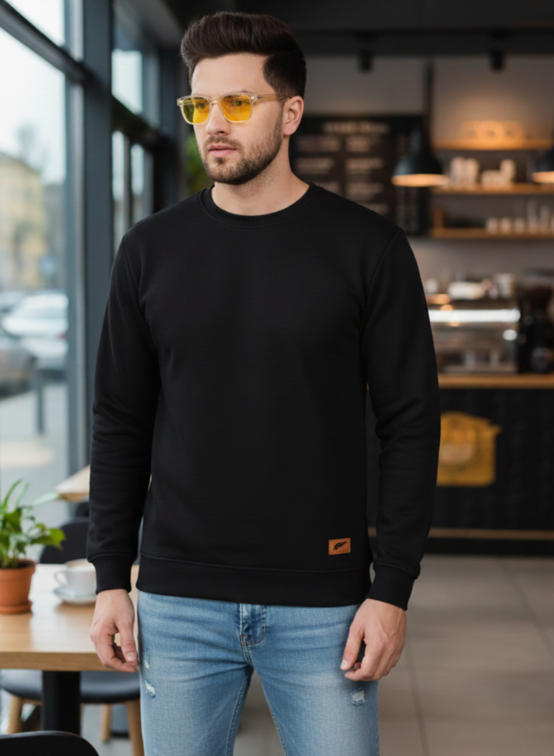 Men's Black Crewneck Sweatshirt - Premium Cotton Fleece Pullover