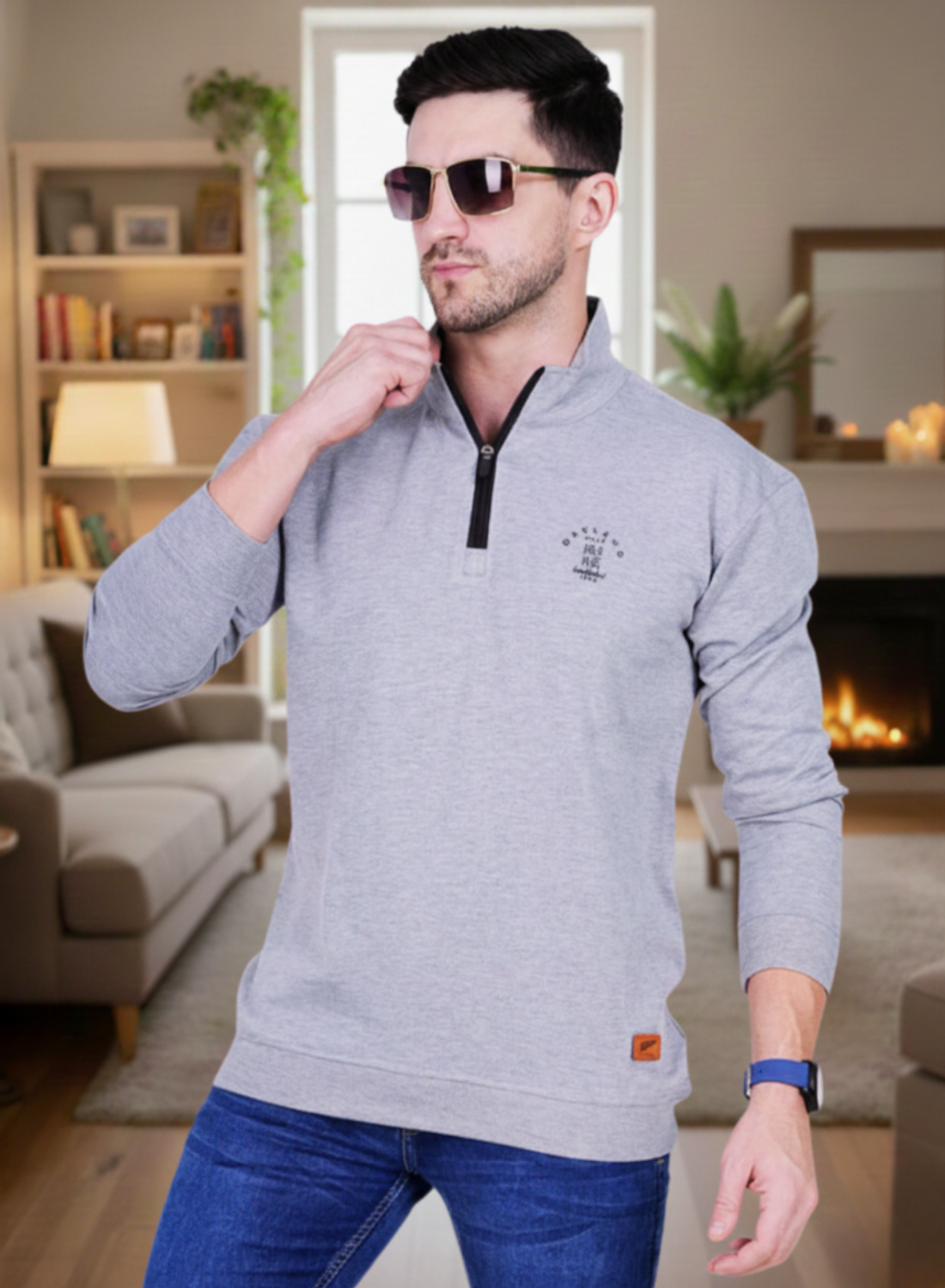 Men's Grey Half-Zip Sweatshirt -Premium Cotton Quarter-Zip Fleece Sweatshirt