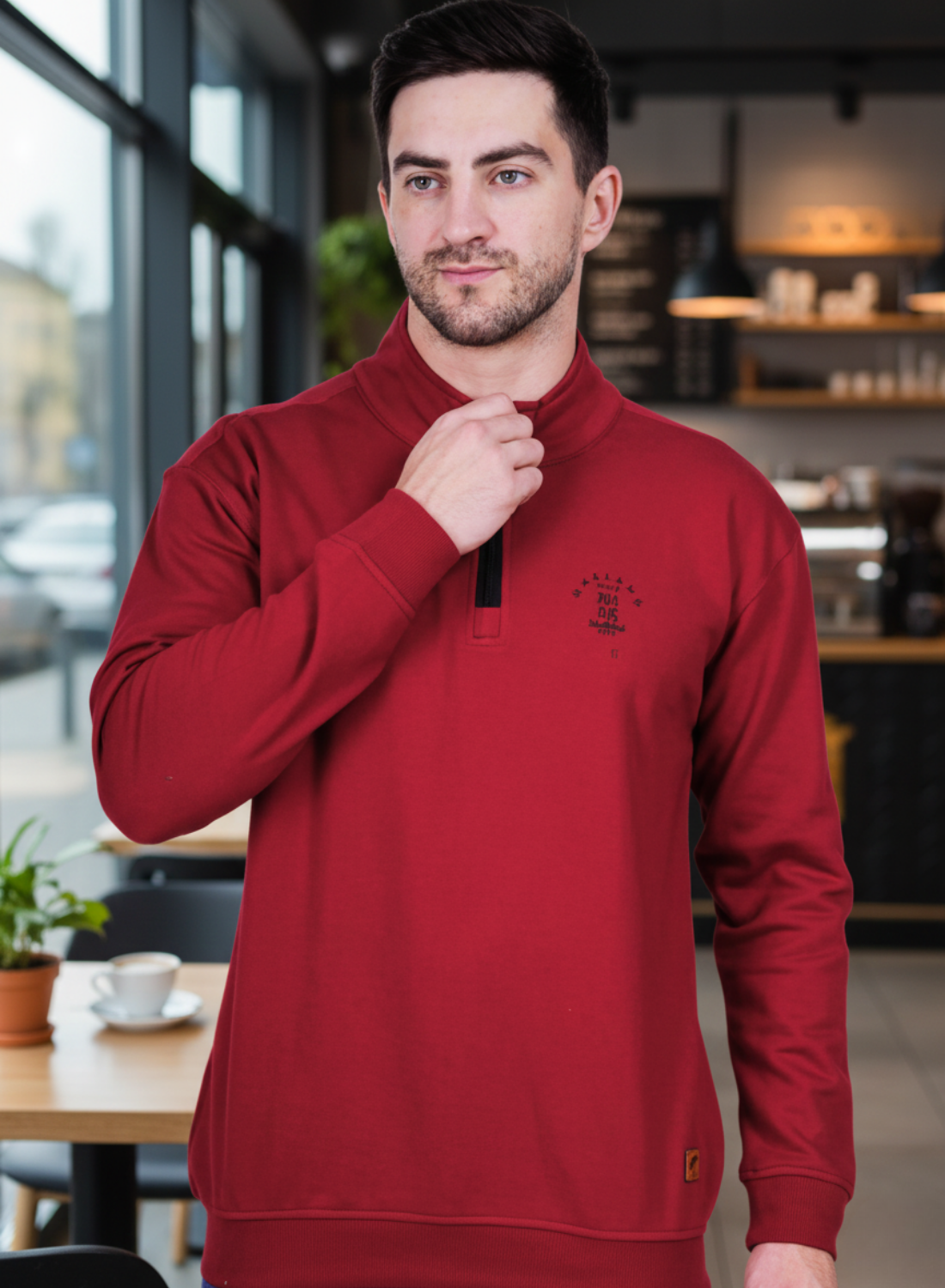 Men's Maroon Half-Zip Sweatshirt -Premium Cotton Quarter-Zip Fleece Sweatshirt