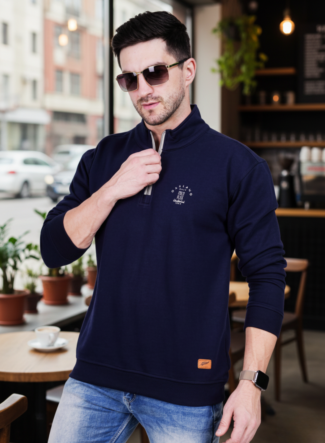 Men's Blue Half-Zip Sweatshirt -Premium Cotton Quarter-Zip Fleece Sweatshirt