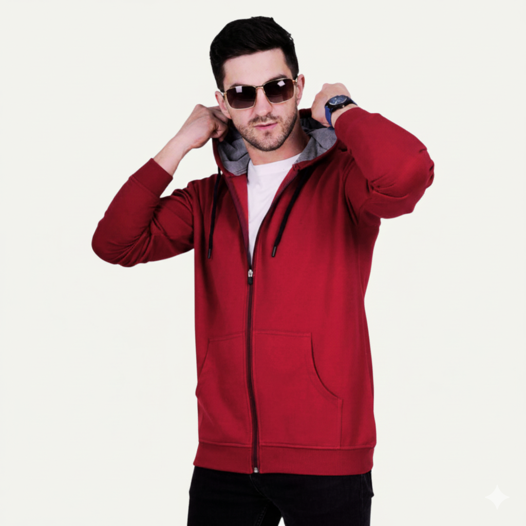 Men's Premium Maroon Zip-Up Hoodie With Cap – Soft Fleece Hooded Sweatshirt with Contrast Lining